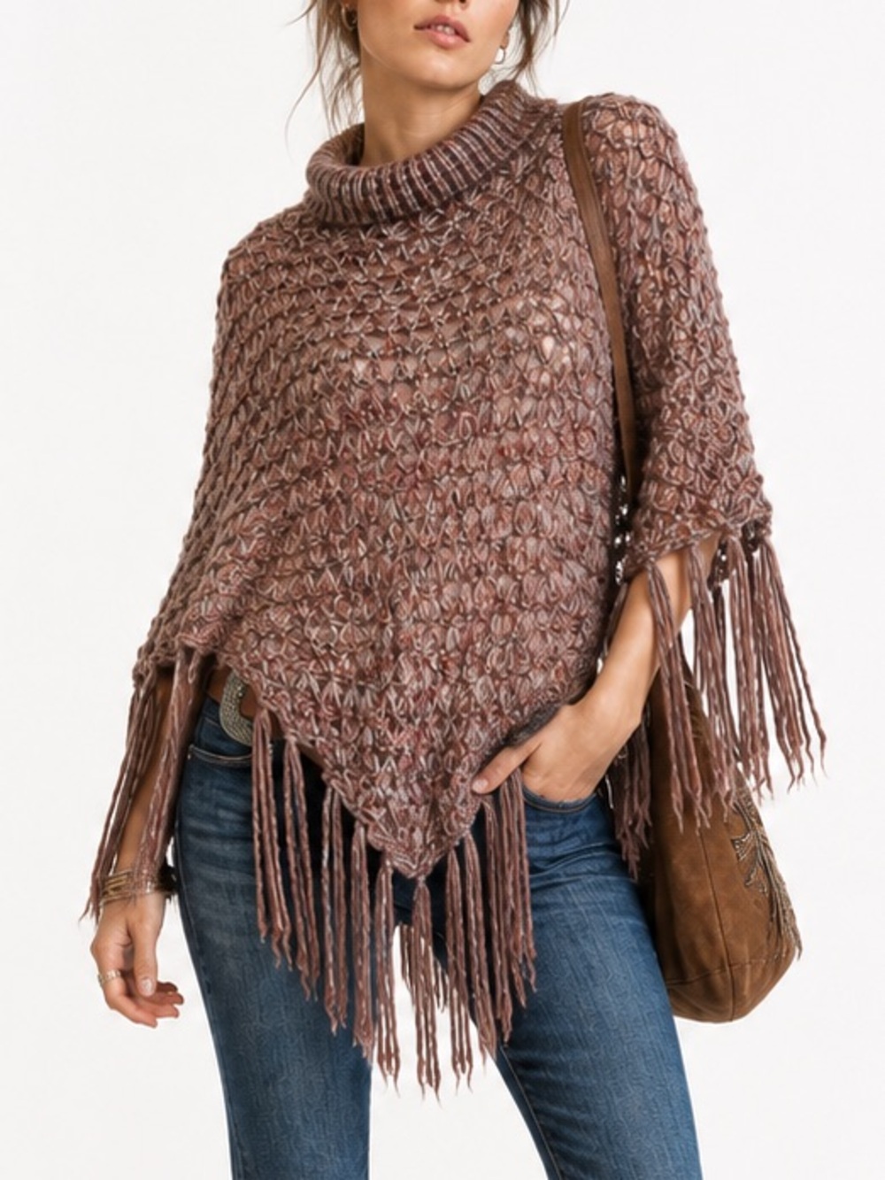 SAY WHAT? Chunky Knit Fringe Poncho Sweater Boho Western Festival One Size